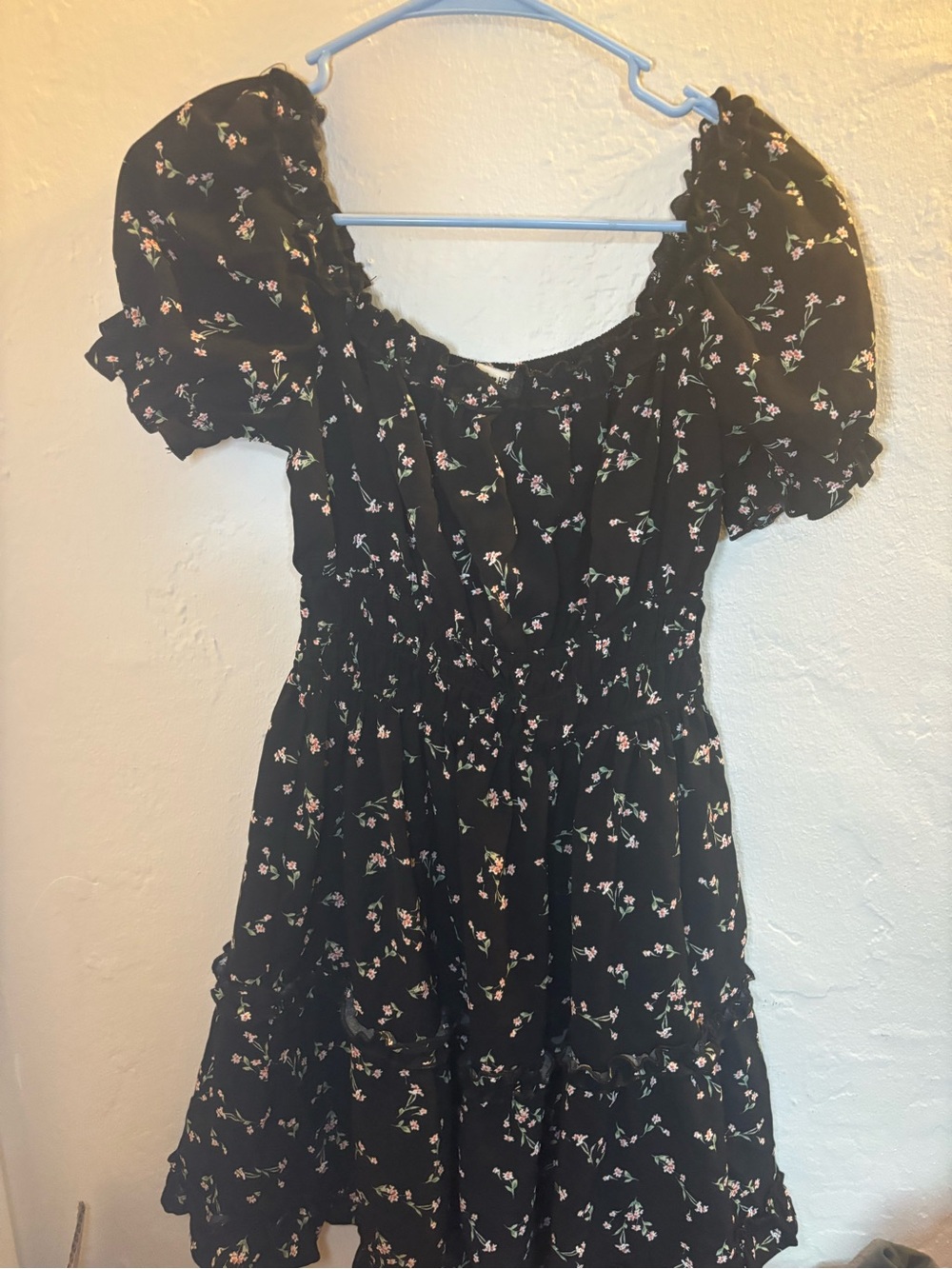 Black floral dress with small white floral print